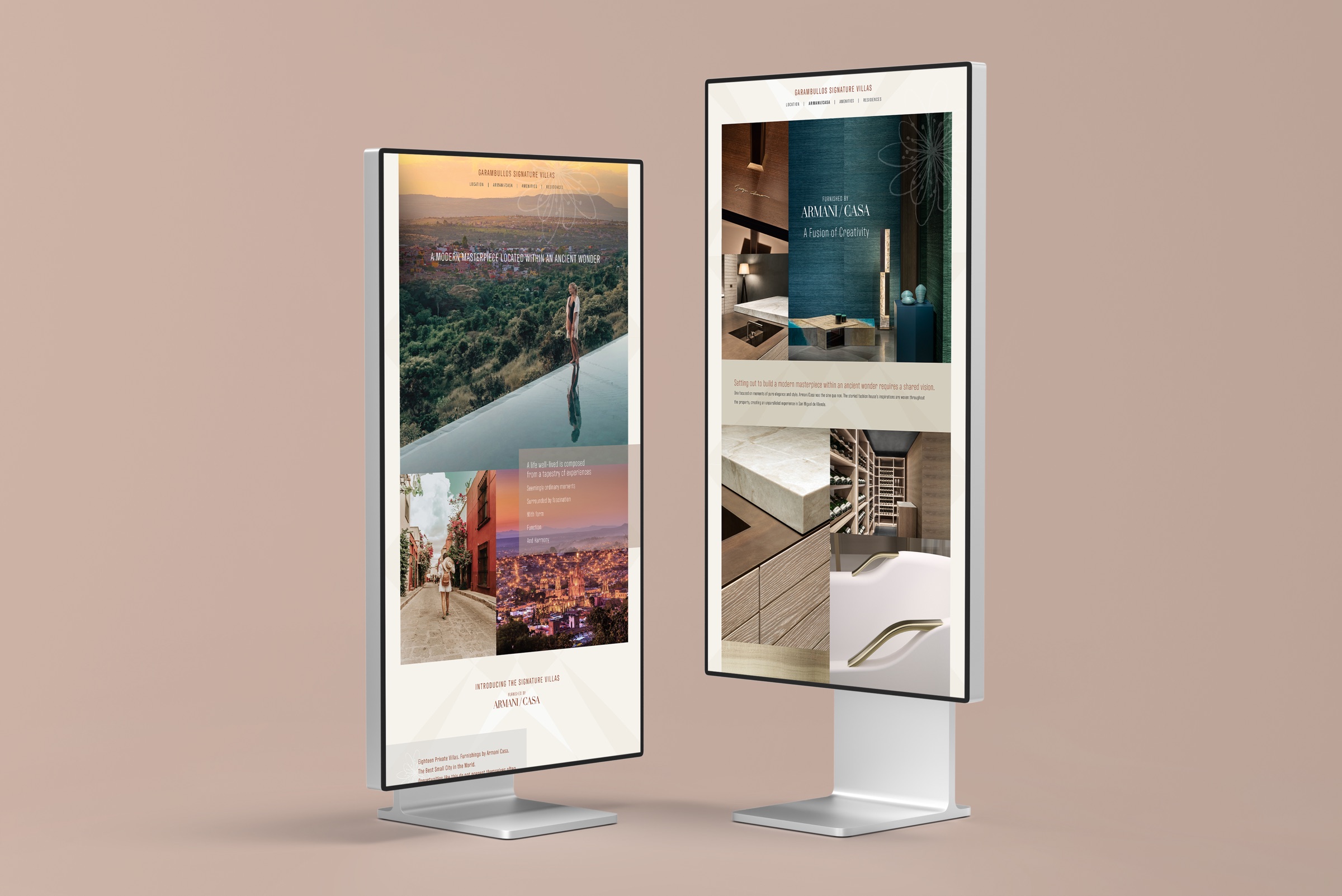Freestanding digital signage displays in a sales gallery