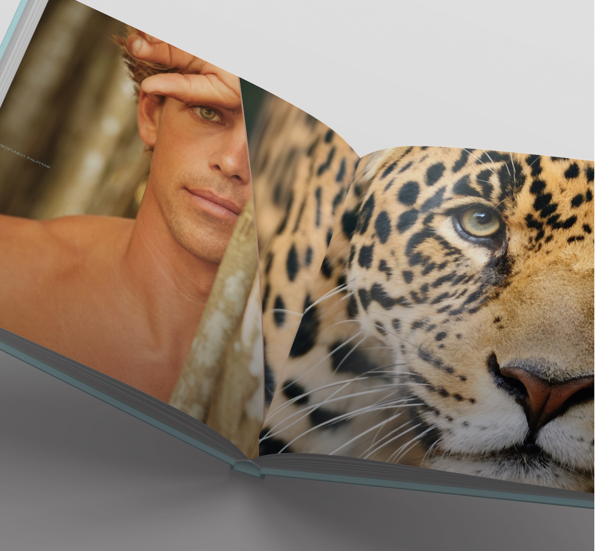 Magazine spread pairing a portrait with a jaguar
