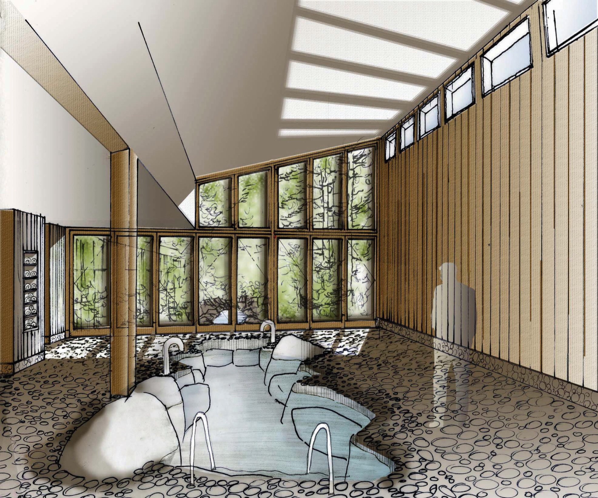Concept sketch of a spa bathing hall resolving into a finished render