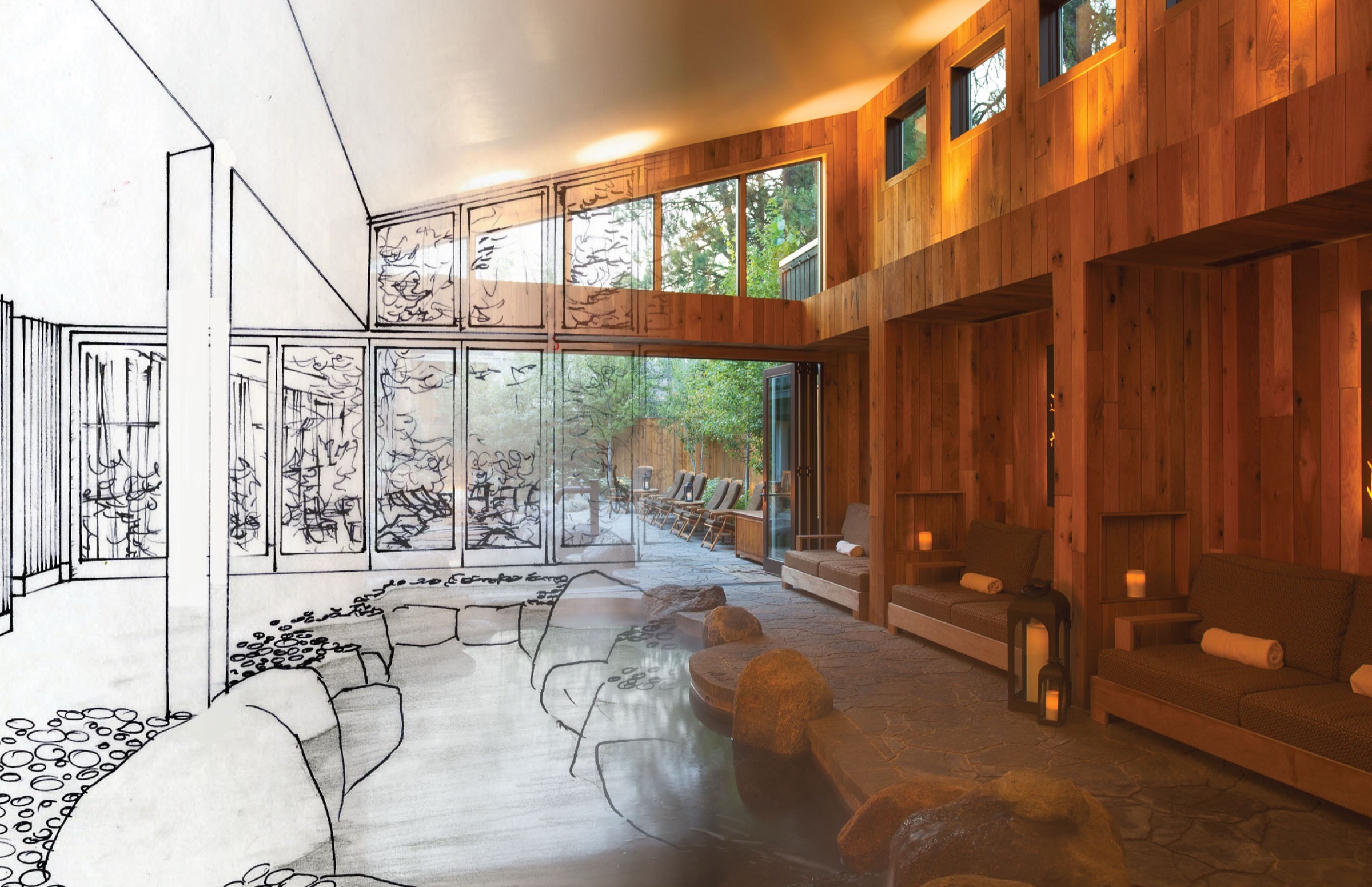 Concept sketch resolving into a finished render of the spa interior