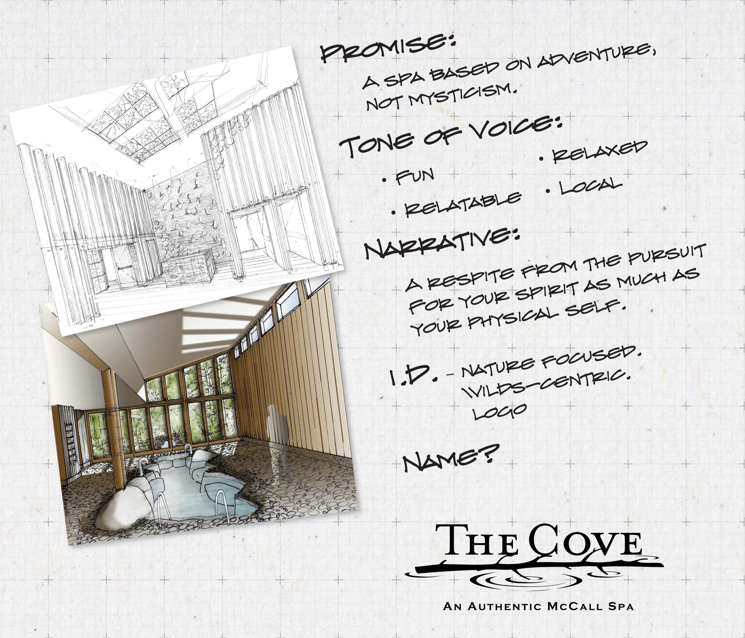 Hand-written brand notes for The Cove covering promise, tone of voice, narrative and identity